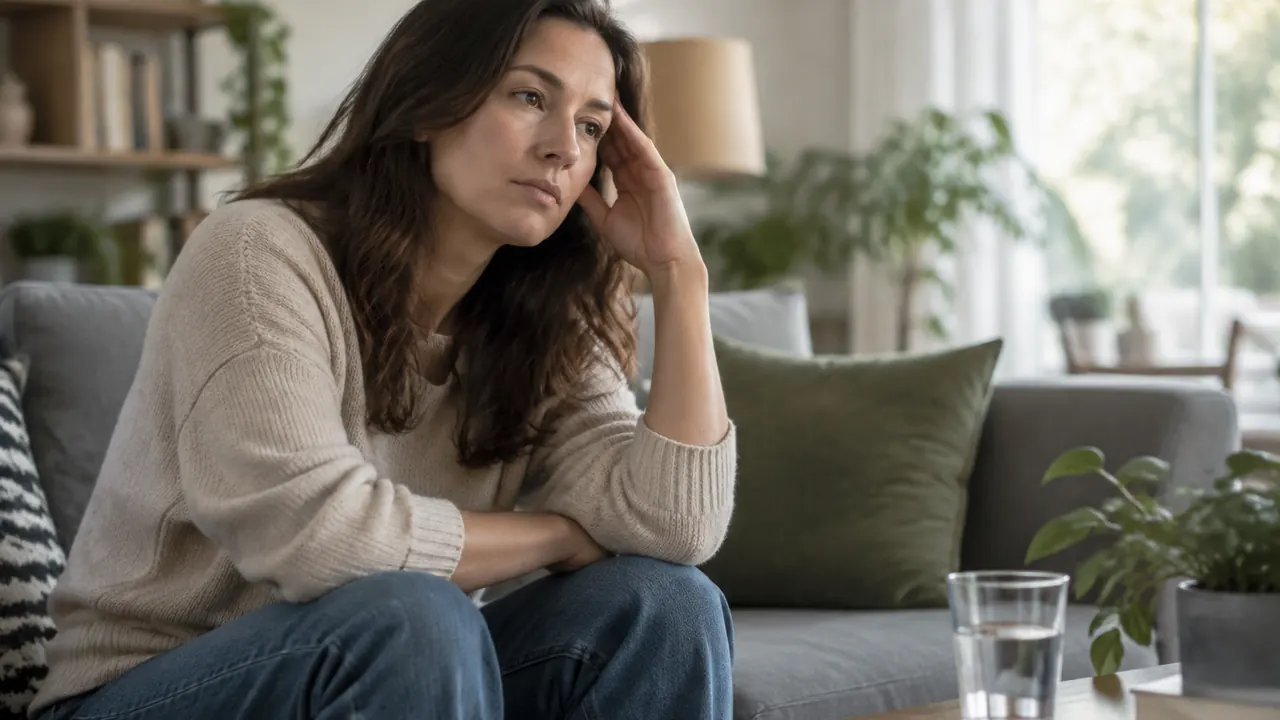 An adult rests a hand against their temple in a softly lit living room, with a glass of water nearby.