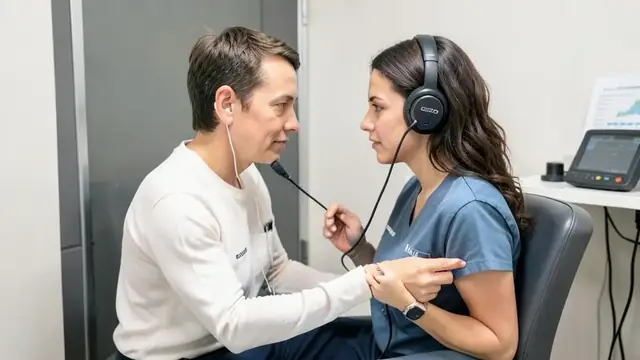 A hearing test being carried out in a clinic