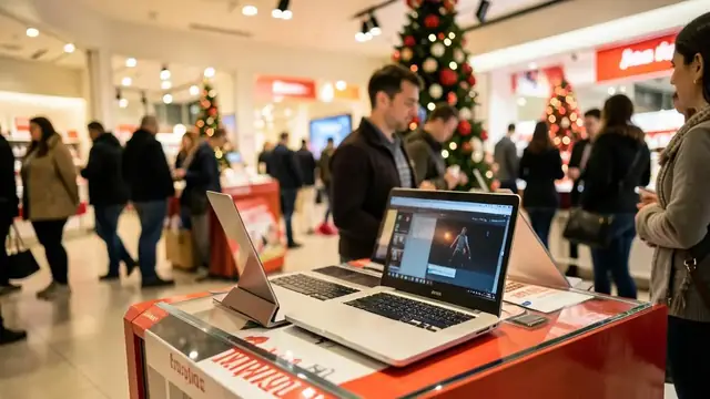 Laptops on a retail display table during a busy holiday sale
