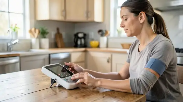 A person using an upper-arm blood pressure monitor at a kitchen table