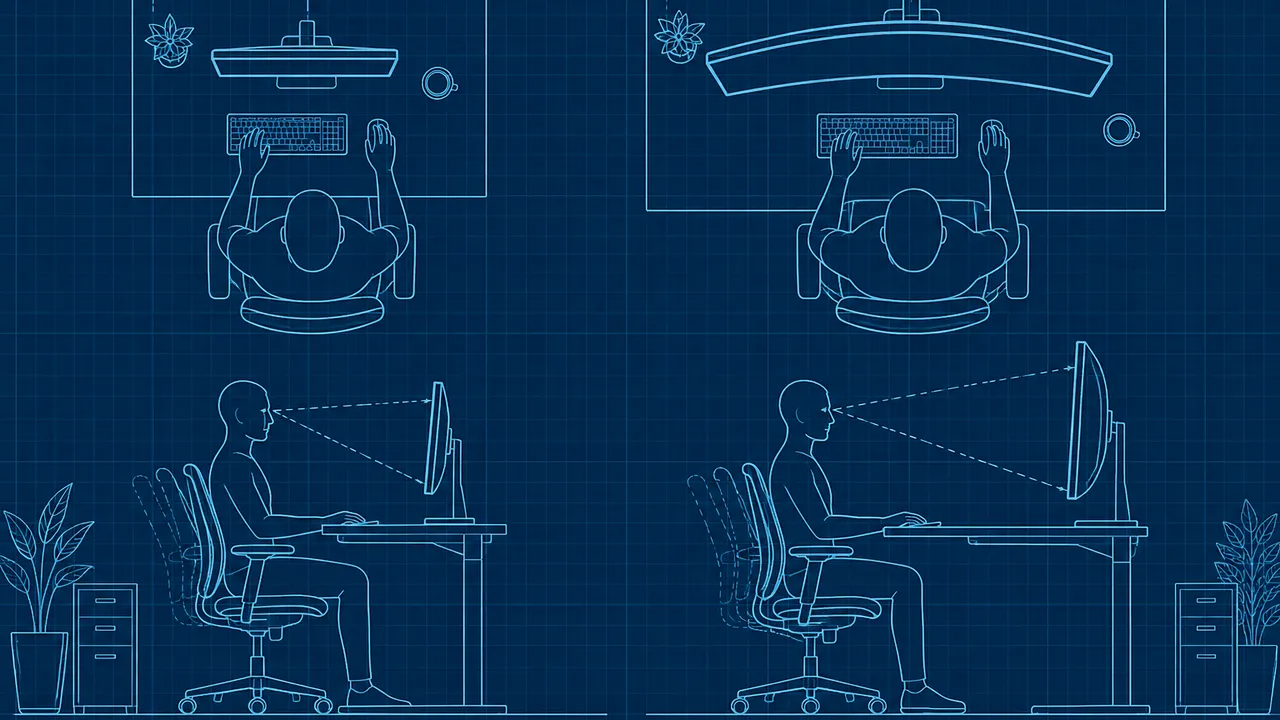 Architectural blueprint-style overhead and side views of two desk setups with different monitor sizes, an adjustable chair and a seated human silhouette showing viewing distance, rendered in crisp cyan linework on navy without labels, dimensions, numbers, text or logos.