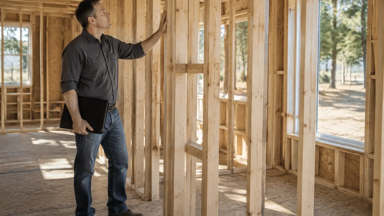 A residential building inspector in plain work clothes examines newly installed framing inside a home addition while holding a closed folder.