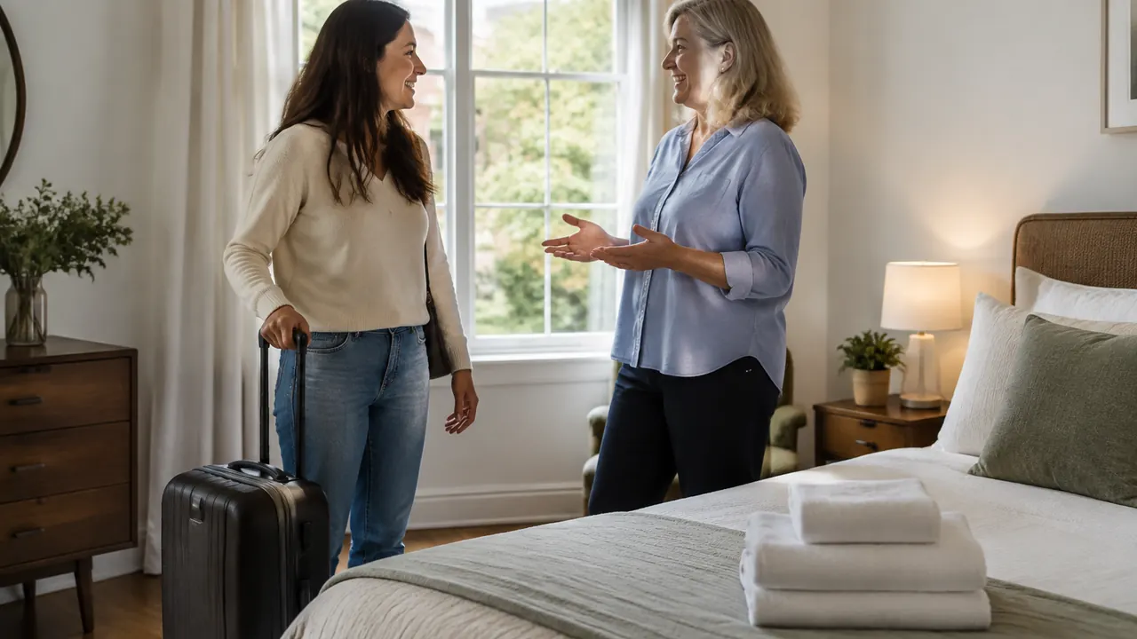 A host and visitor talking warmly beside a neatly prepared guest bed, with a small suitcase and fresh towels nearby.