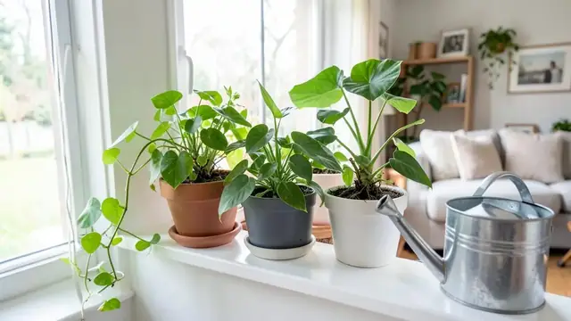 Houseplants on a shelf near a bright window