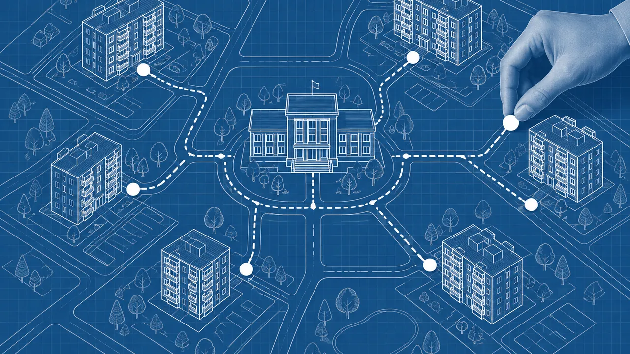 An architectural-style neighborhood map showing apartment buildings linked to a central public-service office. A hand places plain circular markers along routes against a blue background with white linework, without text or logos.