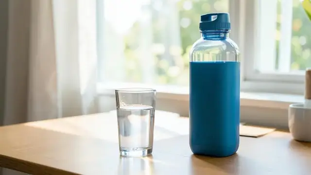 A glass of water and a reusable bottle on a table in daylight