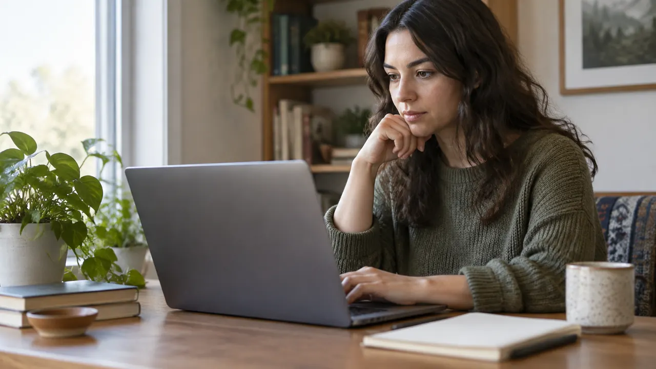Young adult researching at a home desk with a laptop angled completely away from the camera, beside a plant and blank notebook, with no visible text or logos.