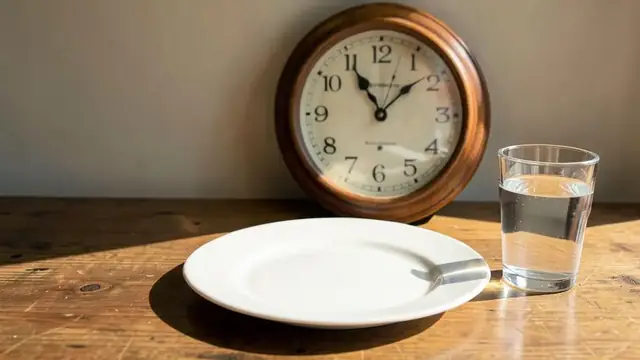 A clock and a plate of food on a kitchen table in morning light