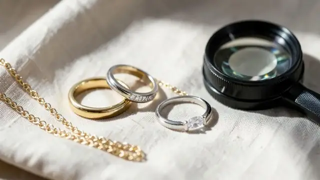 Gold and silver rings and a fine chain on linen beside a jeweller's loupe