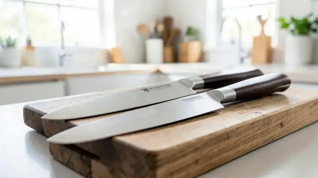 Chef knives resting on a wooden board in a kitchen