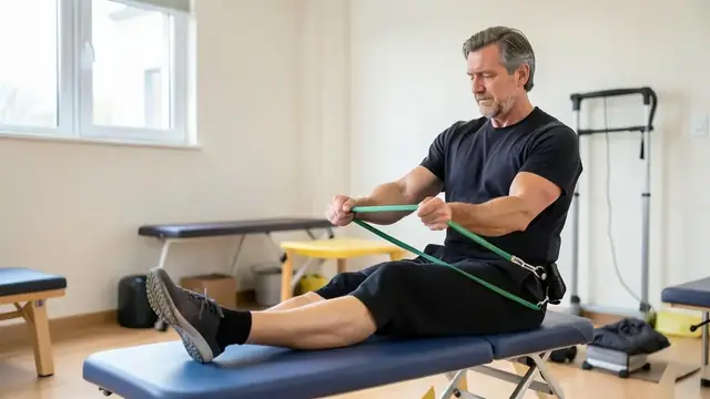 A person doing a leg strengthening exercise with a resistance band