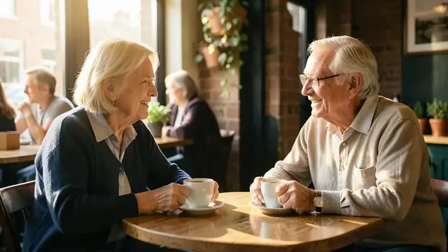 Two people talking over coffee at a community centre table