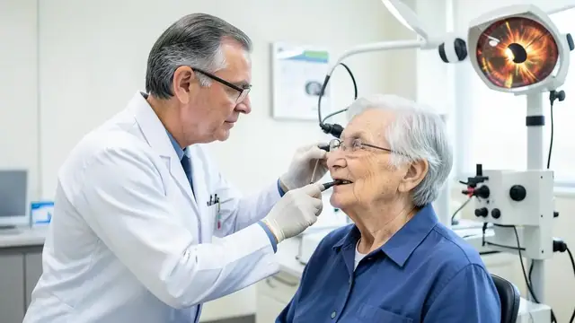An optometrist performing a retinal scan on an older patient