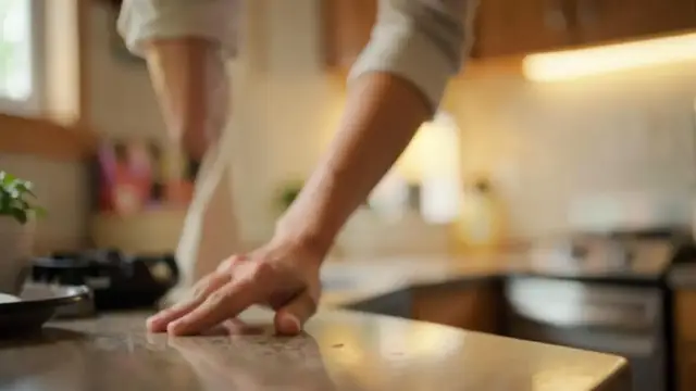 A person steadying themselves with a hand on a kitchen counter