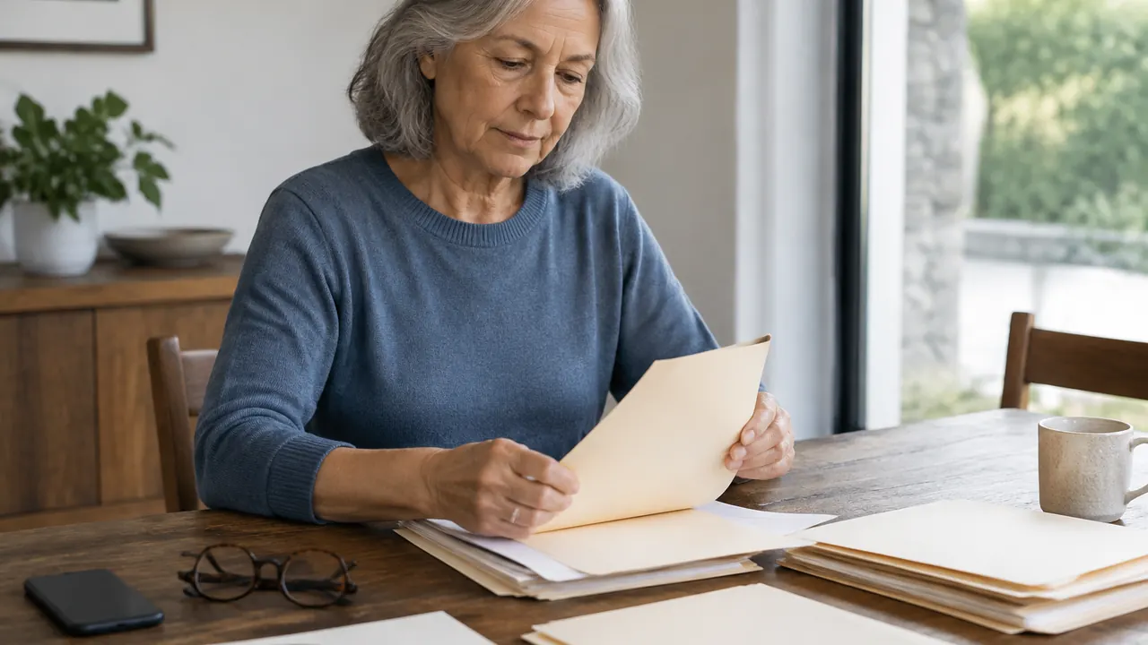 A retired adult organizes plain document folders beside reading glasses and a phone placed face down, with no visible text, logos or readable screens.