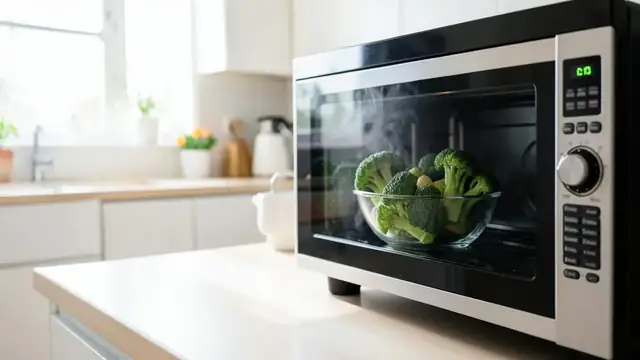 Steamed broccoli in a covered glass dish beside a microwave