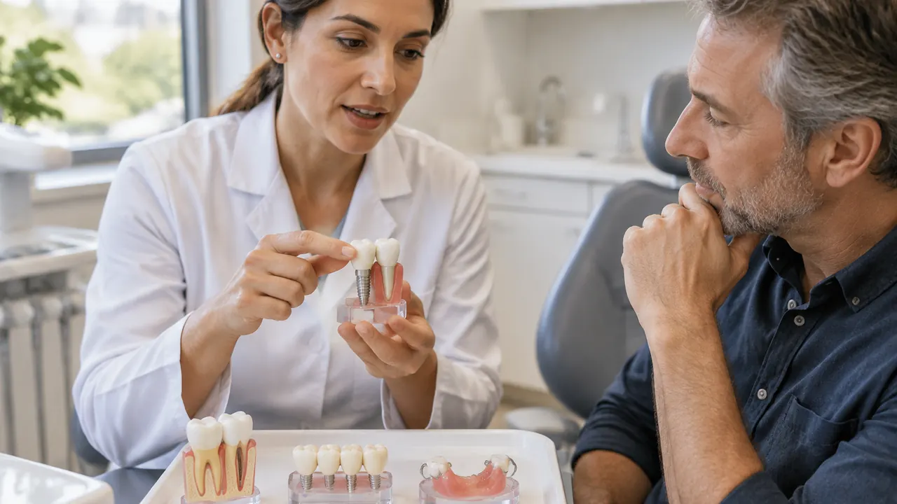 A dentist shows an adult patient realistic implant, bridge and partial denture demonstration models arranged on a clean tray.
