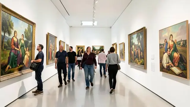 A visitor looking closely at a painting in a gallery