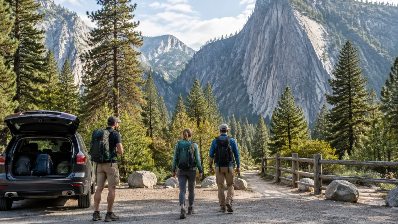 Visitors gather at a national park trailhead, with granite cliffs and pine trees beyond an unmarked parking area.