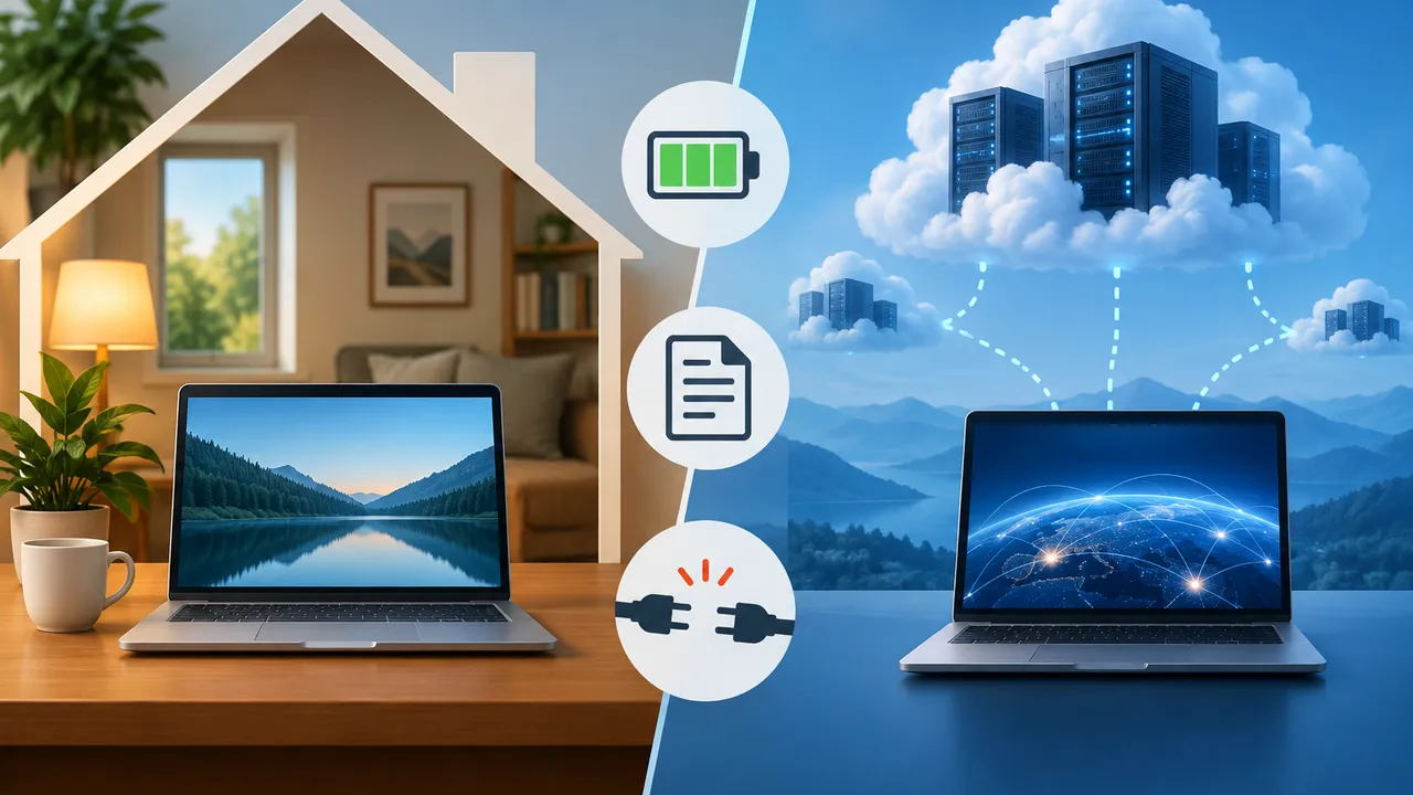 Text-free split composition: an unbranded laptop inside a house beside a laptop linked to distant cloud-shaped servers, with battery, document and disconnected-cable pictograms; no text, letters, numbers or logos.