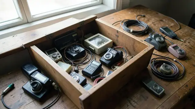 A wooden box of old cameras, handheld devices and cables on a table