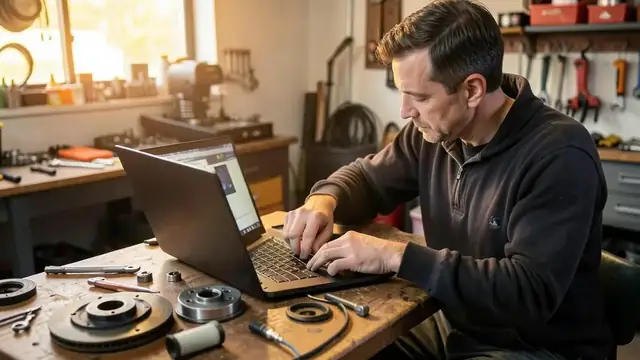 A person comparing car parts on a laptop at a workbench