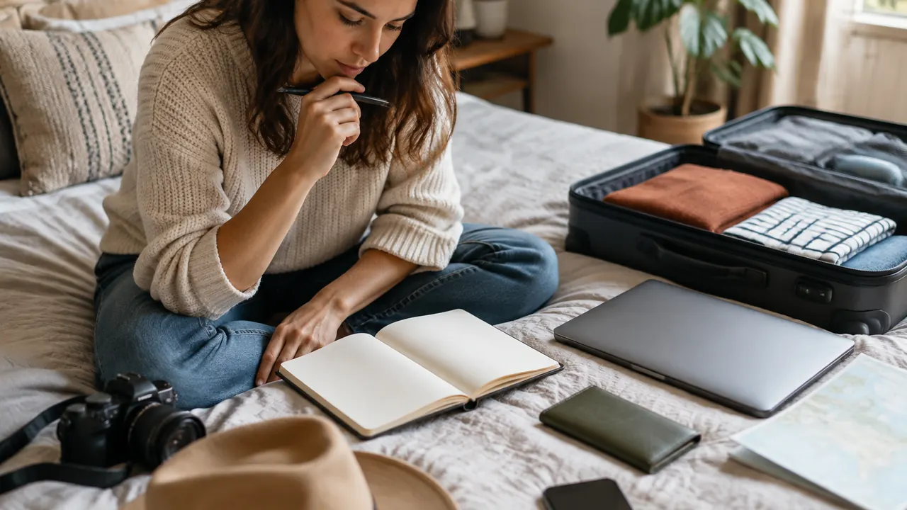Traveler comparing options in a blank notebook beside a closed laptop, a plain wallet and a packed suitcase, with no visible text, logos or readable screens.