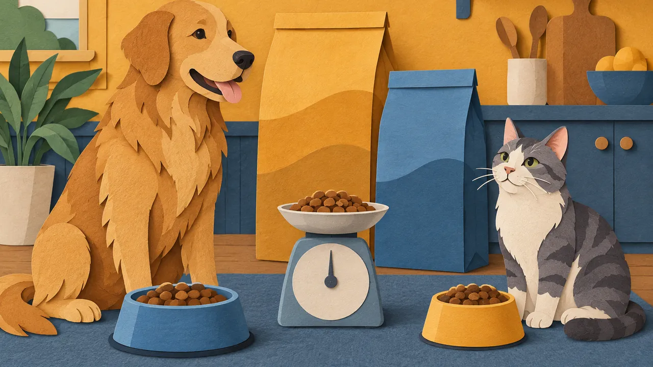 Layered paper-cut adult dog and cat beside separate bowls, different-size blank pet-food bags, and a kitchen scale without display markings holding portioned kibble; warm ochre and blue, textured paper, no text or logos.