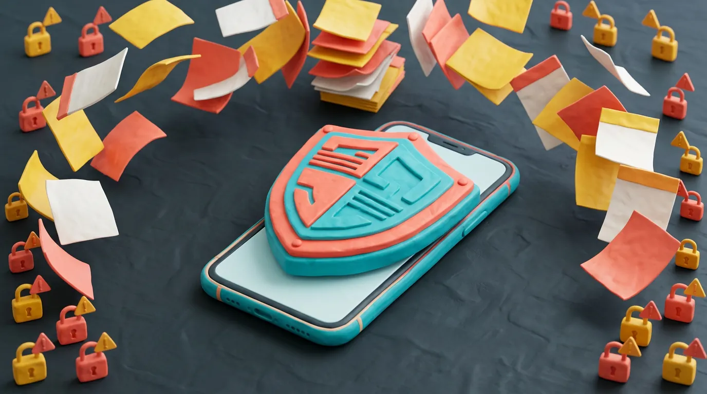 Clay-style rendering of a smartphone shield surrounded by calendar pages and warning locks.