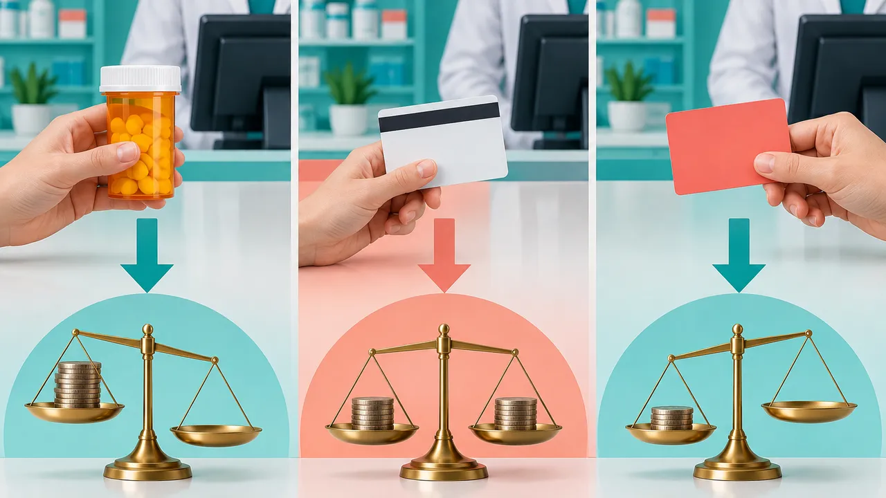 Text-free geometric comparison of three pharmacy checkout routes: an unmarked prescription bottle, plain insurance card, plain discount card, coins and balance scale in teal and coral, without letters, numbers, words or logos.