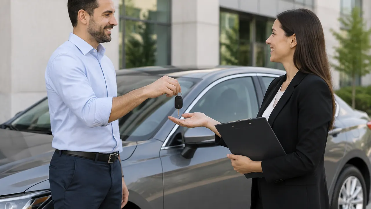 Two adults exchange car keys beside an unbranded sedan outside a neutral office building, with paperwork face down on a clipboard.