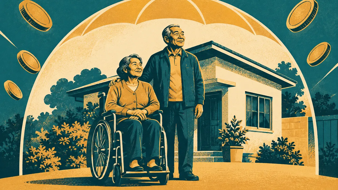 Bold screen-print illustration of an older Asian couple, one using a wheelchair, beside their modest home under a protective canopy. Simple coin shapes sit outside it, in a limited teal and ochre palette, without text or logos.