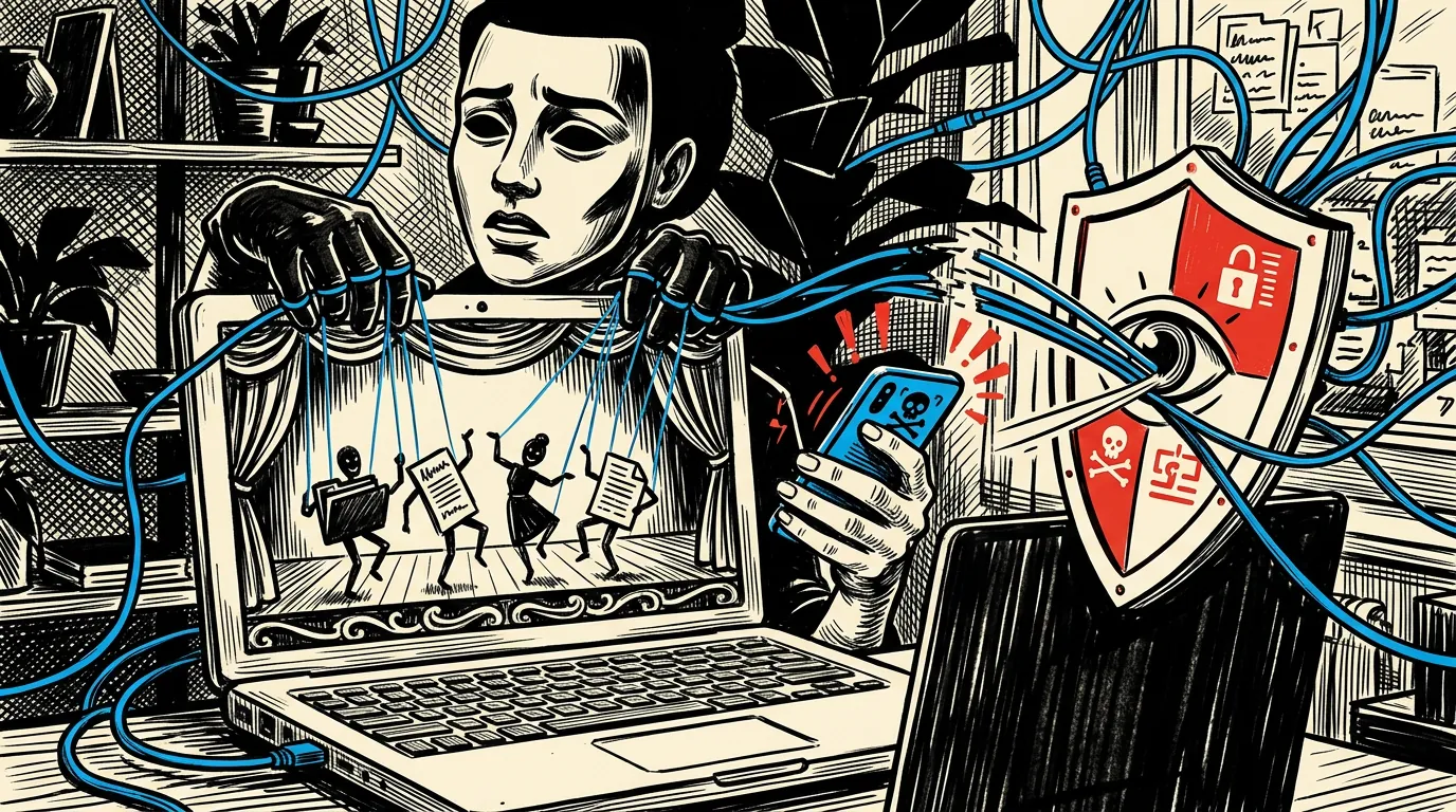 Noir comic illustration of suspicious hands controlling a laptop while a security shield cuts the connection.