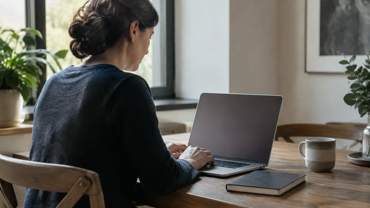 An adult working privately at a laptop beside a closed address book, with the screen facing away from the camera and no visible text or logos.