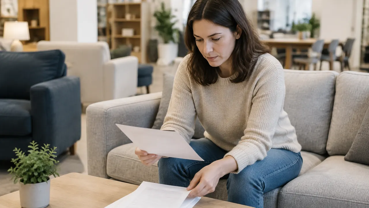 A person reviews blank paperwork beside a plain sofa in a modest furniture showroom, with no visible text, logos, brand names or readable screens.