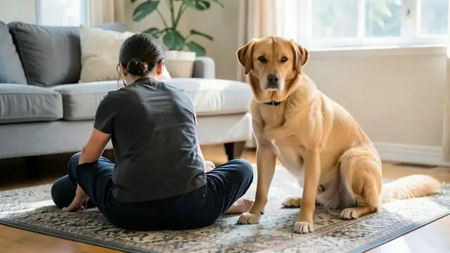 A rescue dog resting on a blanket at home