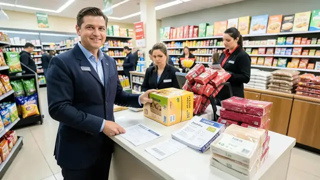 A retail returns counter with parcels and paperwork