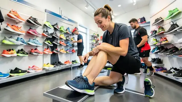 A runner trying on shoes in a specialist running store
