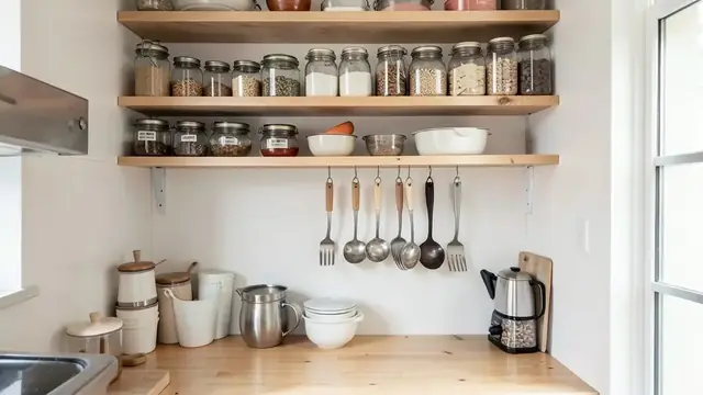 A compact kitchen with tidy open shelving and clear worktops