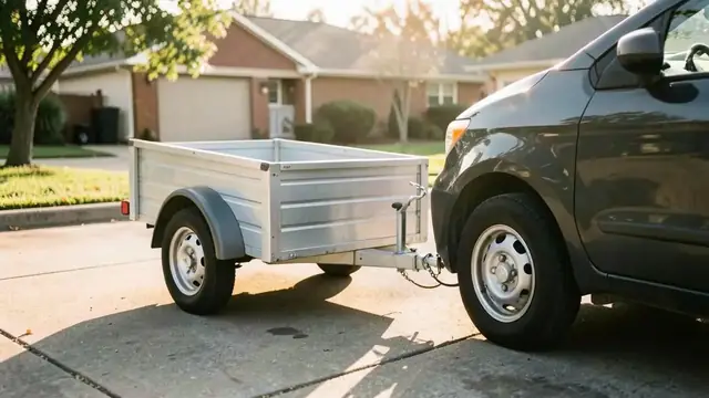 A small utility trailer hitched to a car in a suburban driveway