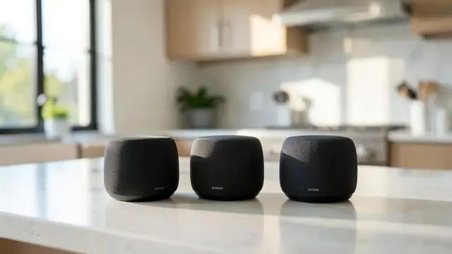Three smart speakers on a kitchen counter in a sunlit home