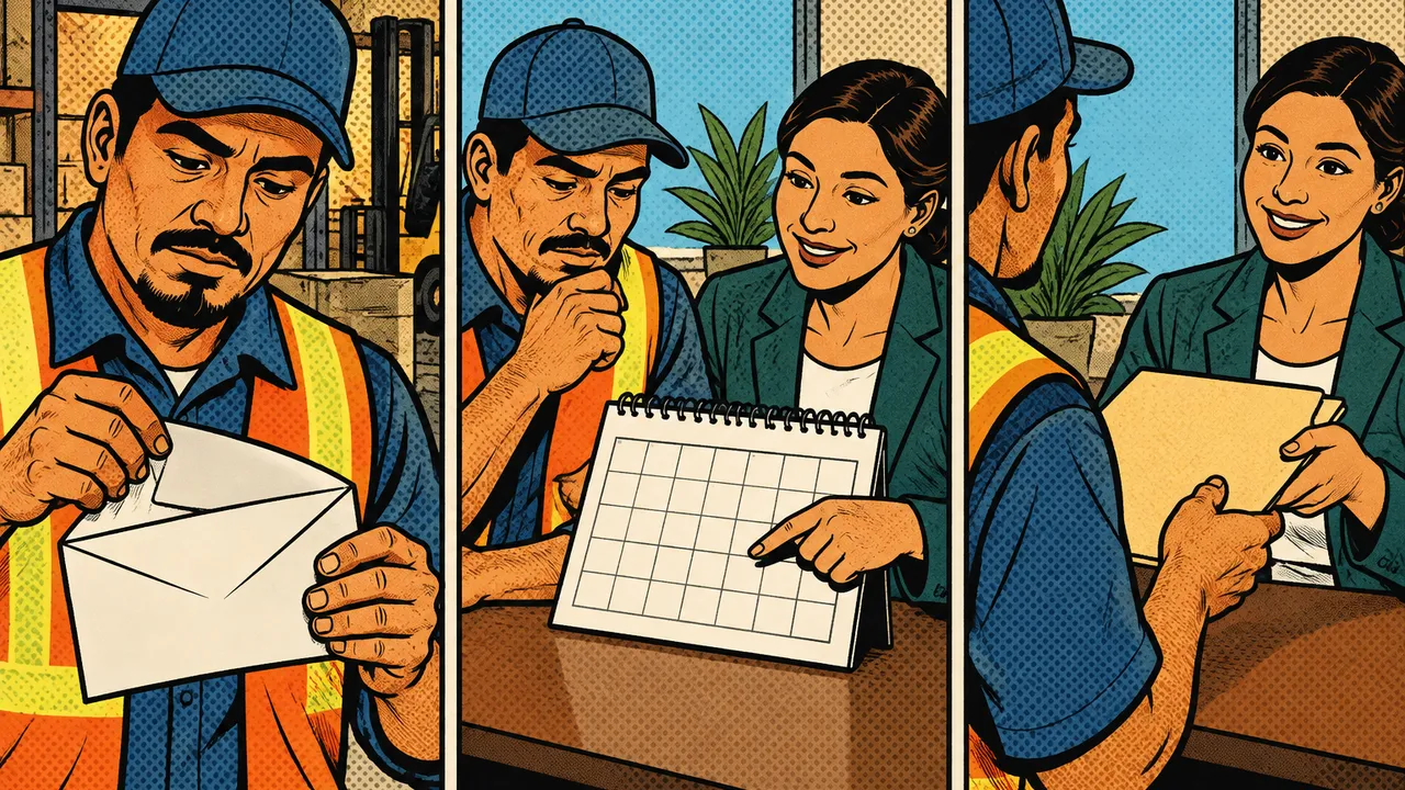 Three connected comic panels show a Latino warehouse worker opening an unmarked envelope, reviewing a blank calendar with a benefits counselor, and handing over a plain folder. Bold halftone shading; no bubbles, text, numbers, or logos.