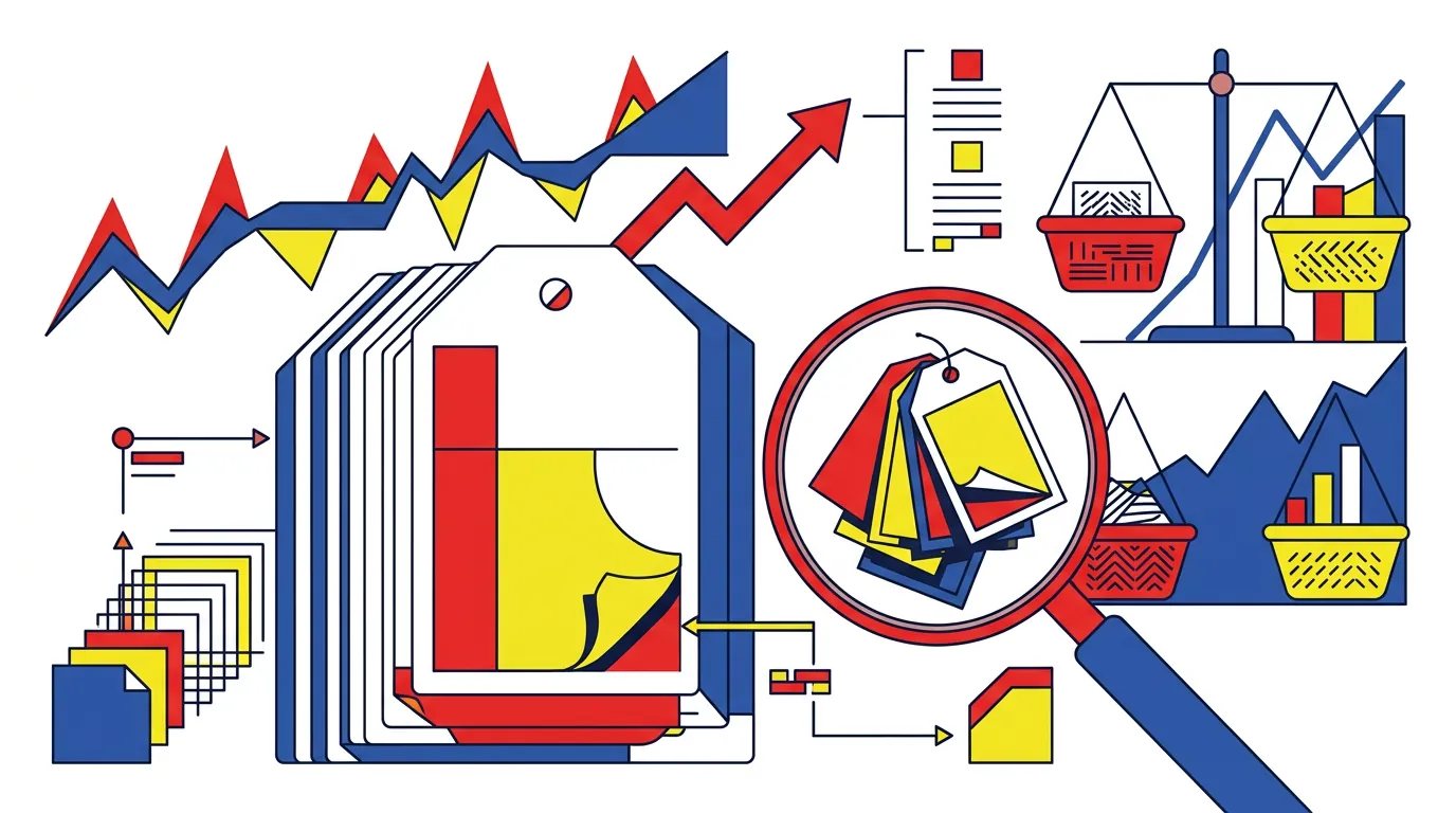 Editorial infographic of layered price tags, charts, shopping baskets and a magnifying glass.