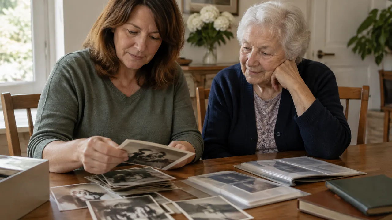 An adult sorts old family portraits beside an older relative at a dining table, with plain archival sleeves and closed notebooks nearby.
