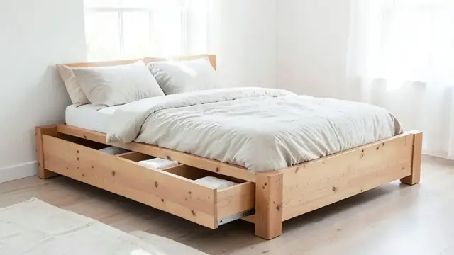 A wooden bed frame with open storage drawers in a bright bedroom