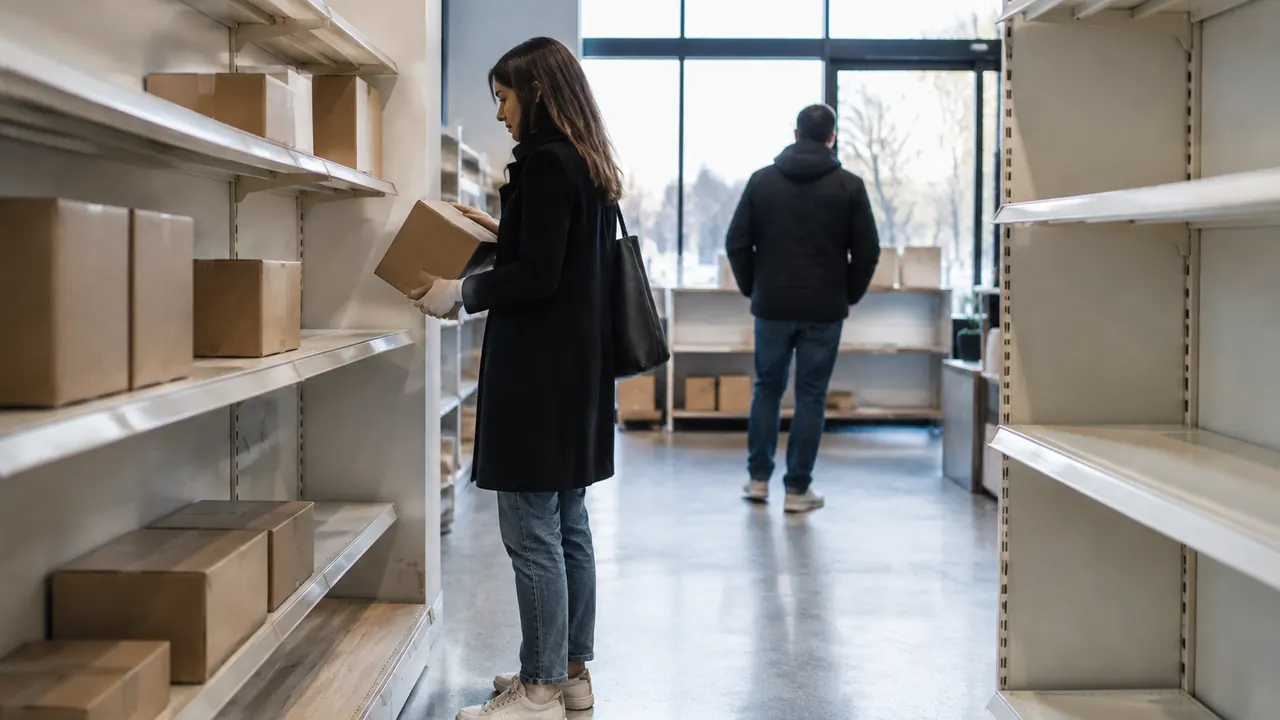 Sparsely stocked retail interior with plain boxed merchandise and empty shelving, with no visible signs, text, logos, brand names or readable screens.