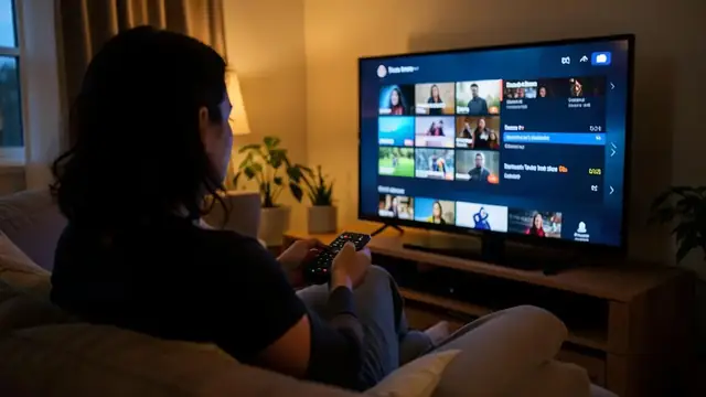 A television showing a streaming menu in a living room