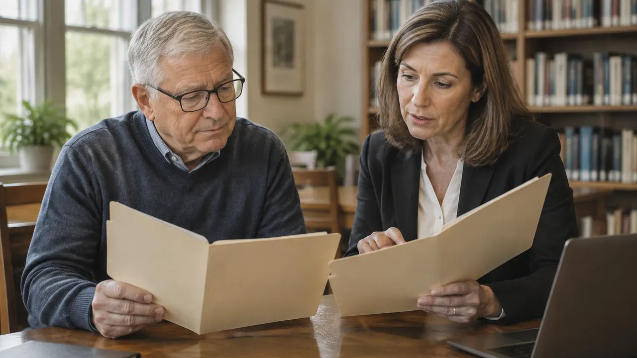A retired adult carefully reviews two blank folders with a counselor in a quiet library meeting room, with no visible text, logos or readable screens.