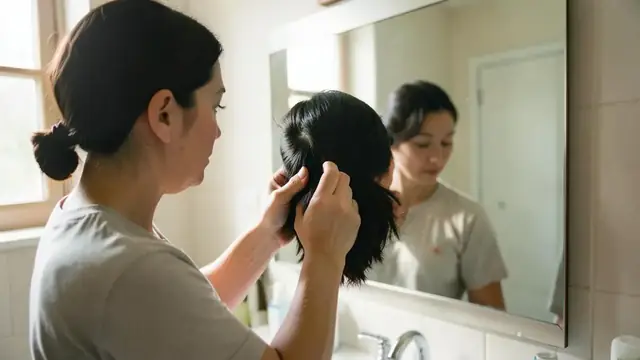 A person examining their hairline in a bathroom mirror