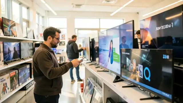 A shopper comparing large televisions in a bright electronics store aisle